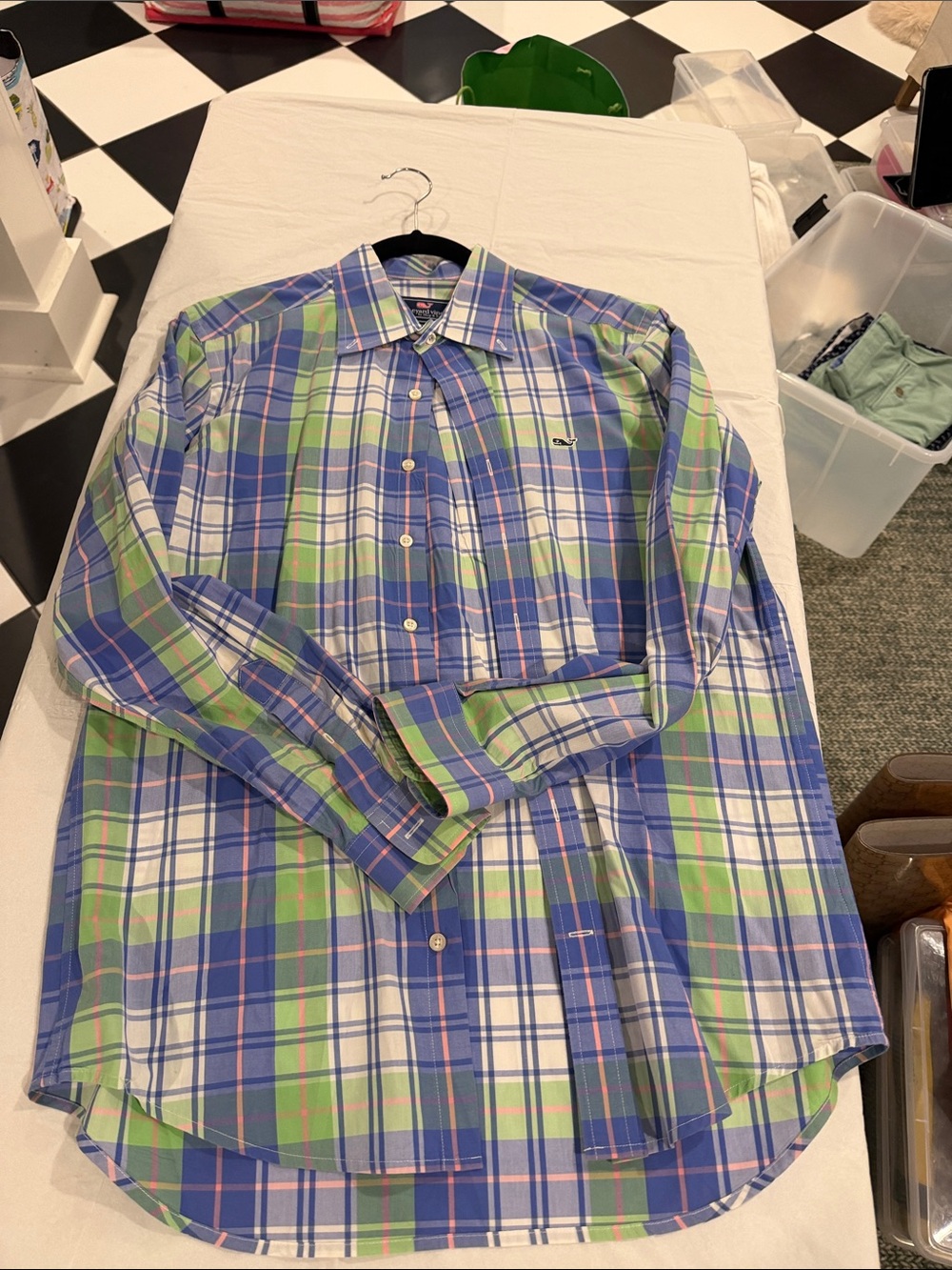 Vineyard Vines Blue, Green and White Plaid Button-Down Shirt